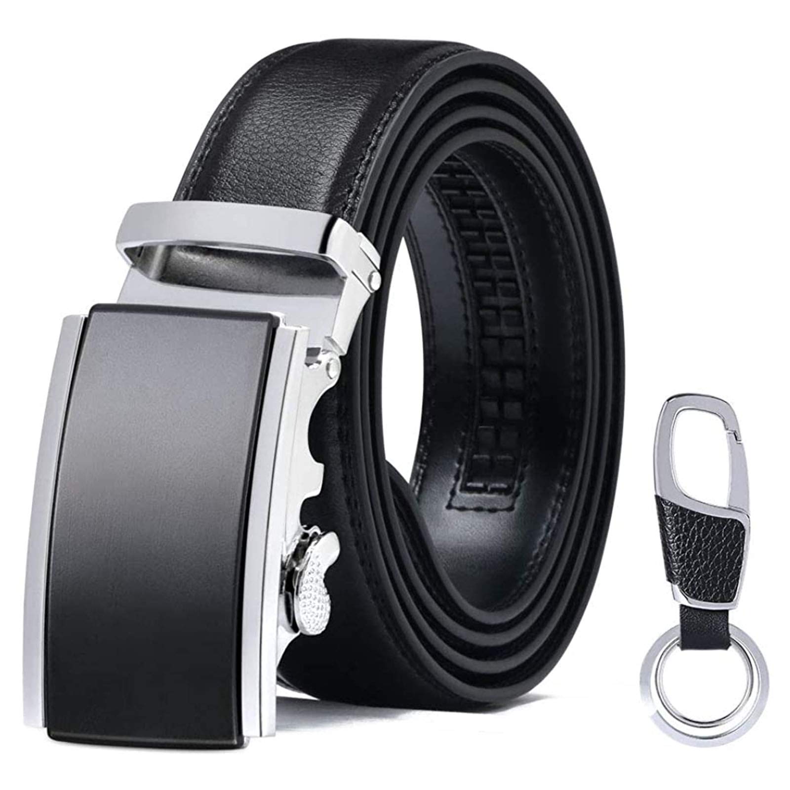flintronic Men's Leather Belt, Automatic Buckle Leather Ratchet Belt 3.5cm * 130cm (Keychain & Gift Box Include)