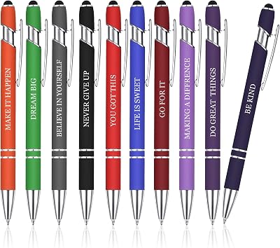 Firtink 10 Pcs Inspirational Quote Pens with Stylus Tip Black Ink Metal Pens