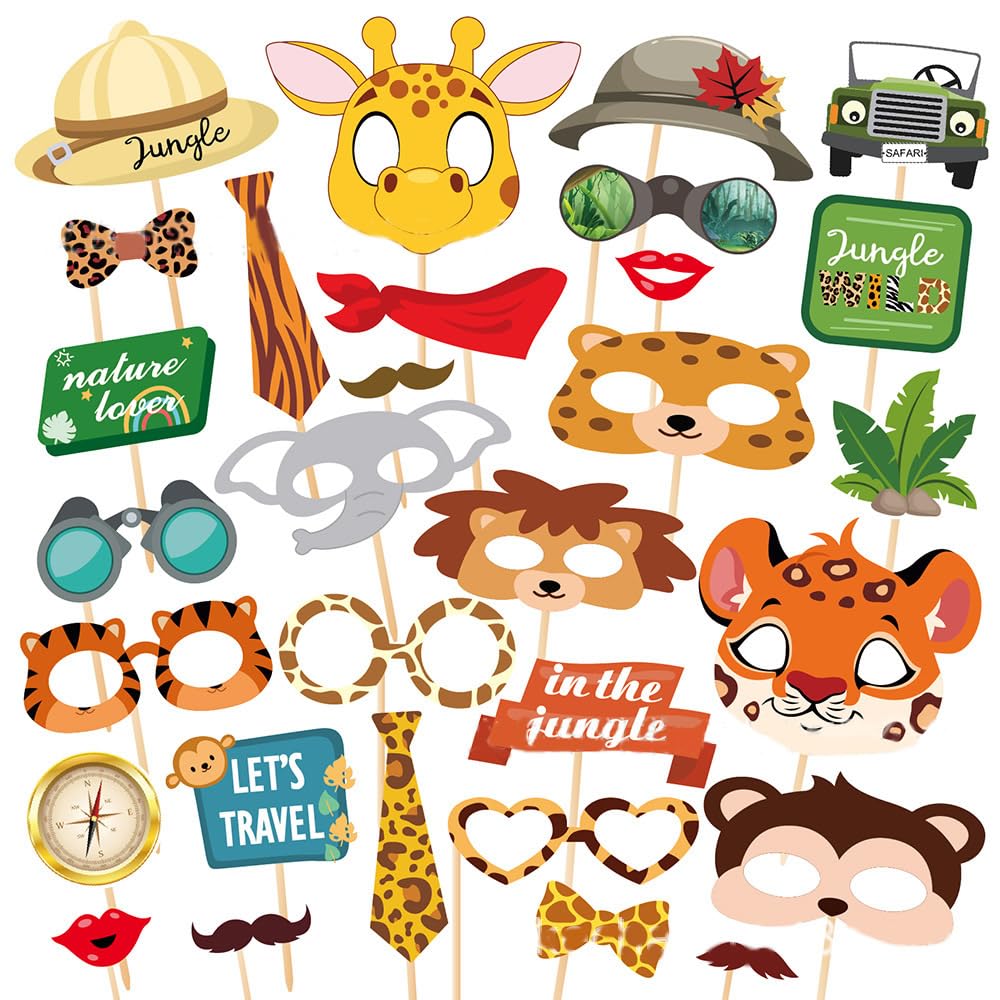 Dusenly Animals Photo Booth Props 30pcs DIY Funny Safari Jungle Photo Props Woodland Forest Animal Kids Birthday Baby Shower Party Supplies Favor