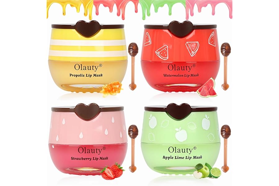 4 PCS Bee Lip Balm Lip Mask Honey Pot, Honey & Strawberry & Watermelon & Apple Lime Lip Sleeping Mask Propolis Moisturizing Lip Balm with Stick, Hydrating Prevention Dry & Cracked
