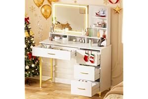 COMHOMA Vanity Desk with Mirror and Lights, Makeup Vanity Table with 4 Drawers & Storage Shelves, Large HD Mirror, 3 Color Modes & Adjustable Brightness, Modern Dressing Table for Bedroom, Pearl White
