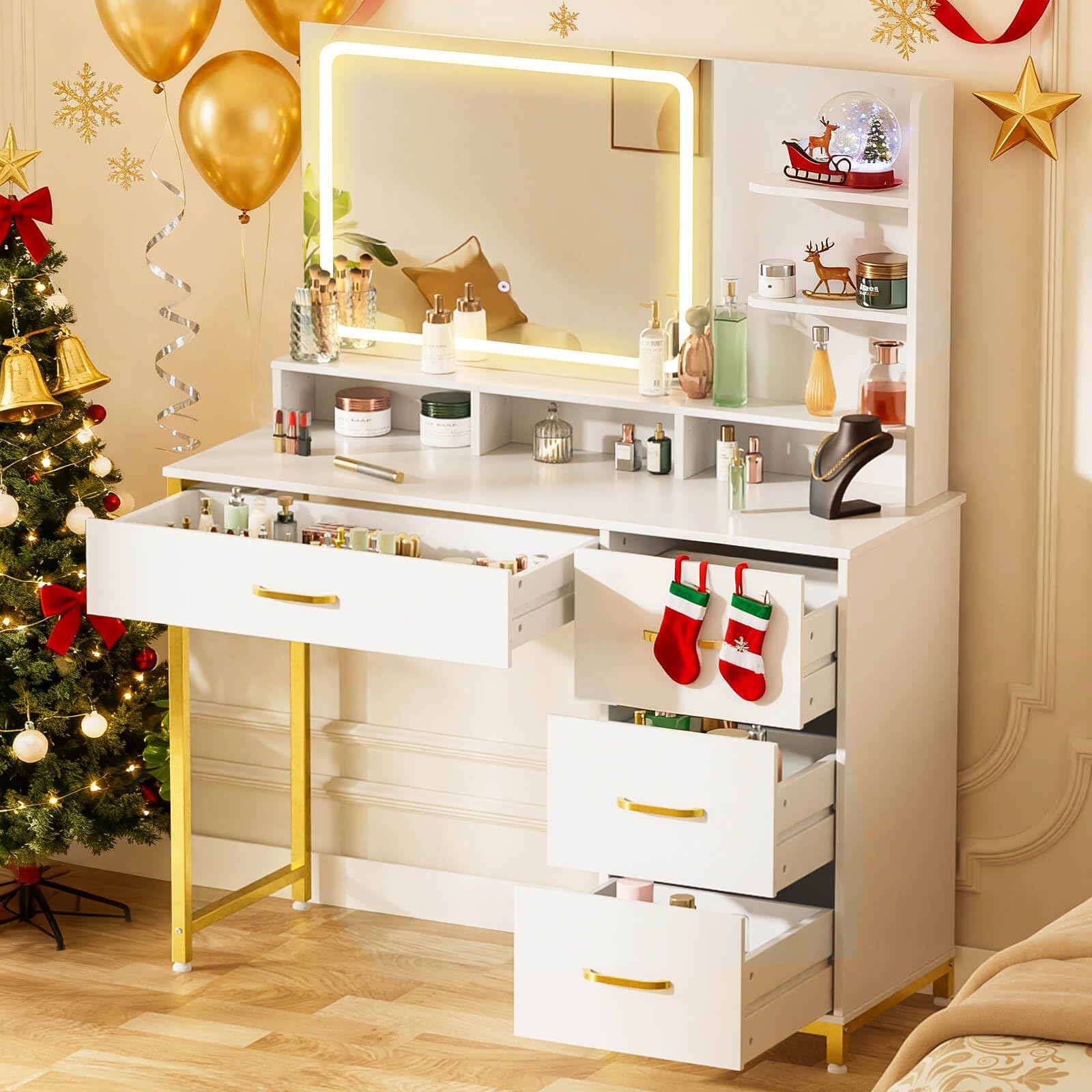 Photo 1 of ****FACTORY SEALED****COMHOMA Vanity Desk with Mirror and Lights, Makeup Vanity Table with 4 Drawers & Storage Shelves, Large HD Mirror, 3 Color Modes & Adjustable Brightness, Modern Dressing Table for Bedroom, Pearl White