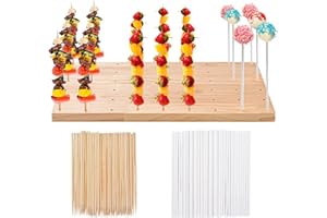 IHKFILAN 54 Holes Wooden Skewer Display Holder,Rectangle Fruit Kabobs Skewers Stand,Catering Appetizer Fruit Pick Stand Skewers,Wheat Color Wood Lollipop Holder for Baby Shower Birthday Cocktail Party