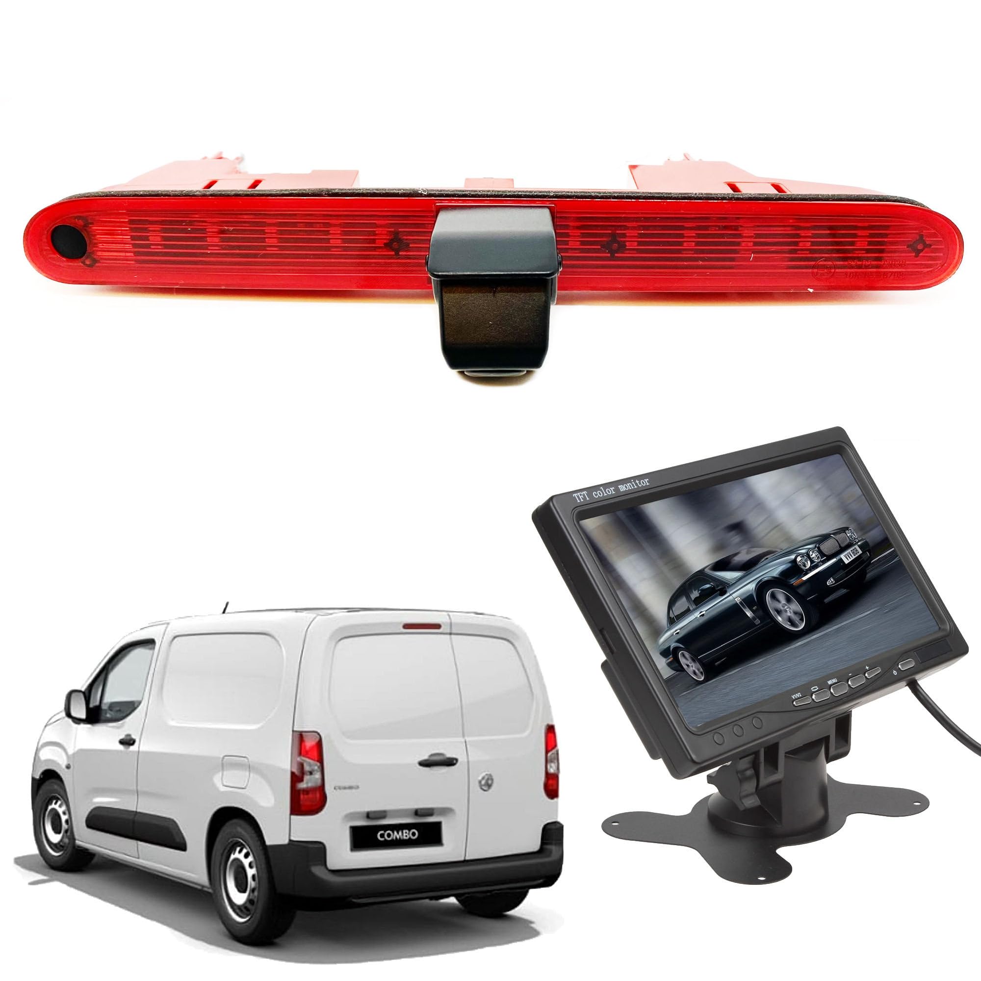 Dolphin Automotive Van Rear Brake Light Reversing Camera Fits Vauxhall Combo E 2019+ And Fiat Doblo 2022+ With Waterjet Nozzle (Camera With 7" Dash Monitor)