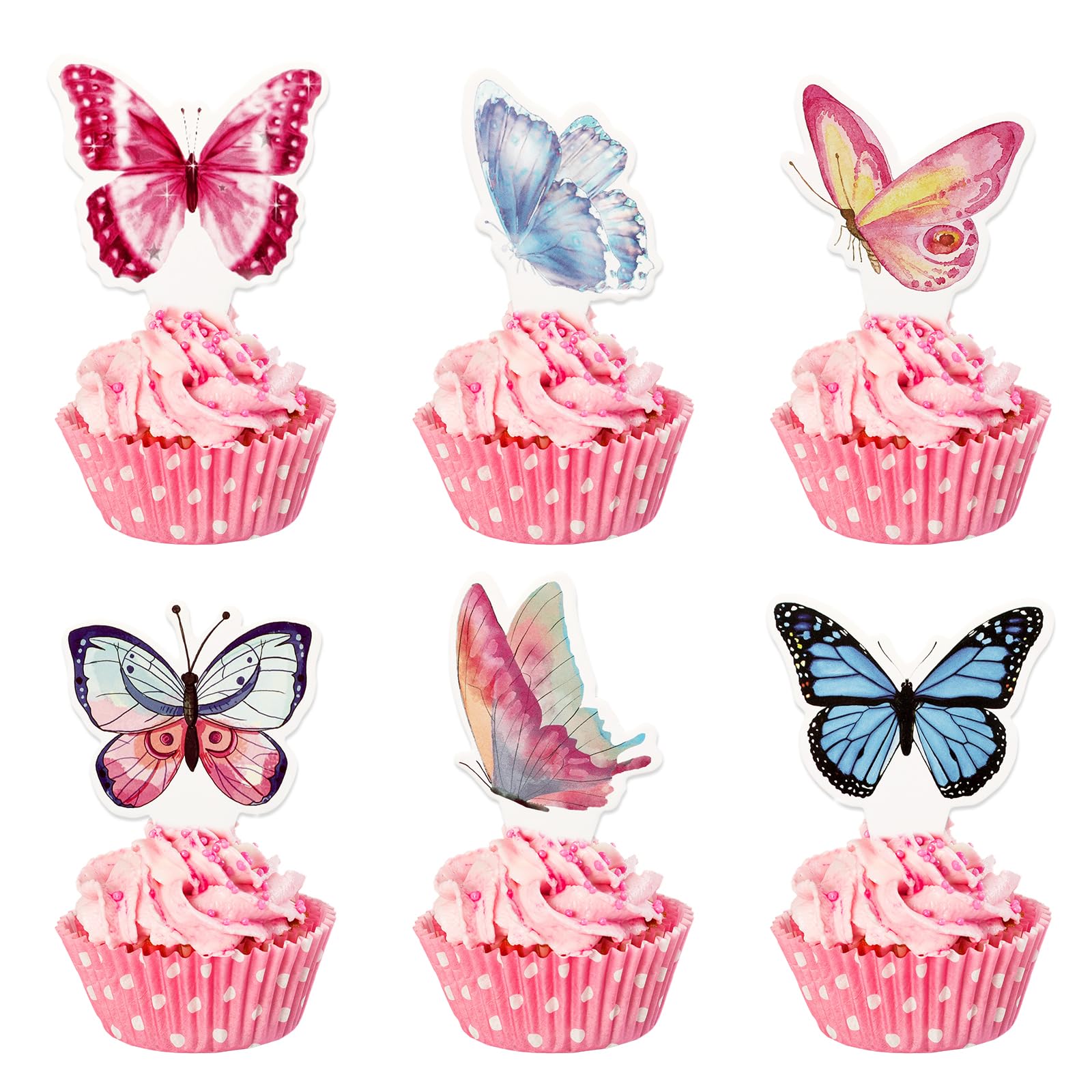 Photo 1 of 24 Pcs Butterfly Cupcake Toppers, Wafer Paper Butterfly Cupcake Toppers, Colorful Butterflies Cake Decoration for Wedding Birthday Party Baby Shower Supplies