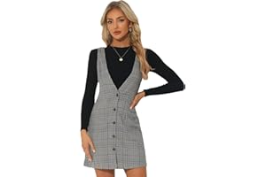 Allegra K Women's Overall Dresses Fall Jumper Halloween Houndstooth Pinafore Plaid Dresses