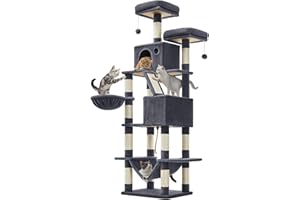Feandrea Cat Tree, 206 cm Large Cat Tower Condo with 13 Scratching Posts, 2 Perches, 2 Caves, Basket, Hammock, Pompoms, Multi