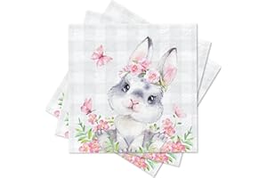 369DECOR Happy Bunny Easter Paper Napkins, 3 Ply - 6.5 x 6.5 Inch, Grey Bunny, Pink Floral Butterfly, Disposable Rabbit Napkins for Spring Holiday, Easter Dinner Party & Baby Shower, Cute Bathroom Hand Towels