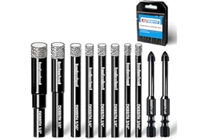 DKIBBITH 10 Pack Dry Diamond Drill Bits & Tile Drill Bit Set for Ceramic, Porcelain, Marble, Granite, Stone, Glass - Round Shank 3/16"(x2), 1/4"(x3), 5/16", 3/8", 1/2"+2Pack Masonry Drill Bits1/4