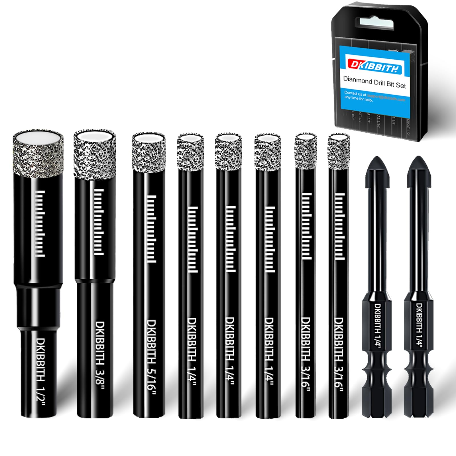 Photo 1 of DKIBBITH 10 Pack Dry Diamond Drill Bits & Tile Drill Bit Set for Ceramic, Porcelain, Marble, Granite, Stone, Glass - Round Shank 3/16"(x2), 1/4"(x3), 5/16", 3/8", 1/2"+2 Pack Drill Bits 1/4"