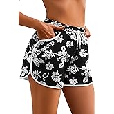 NILOINE Women's Drawstring Board Shorts Floral Beach Swimming Shorts Summer Sports Swim Trunks Swimsuit Bottoms with Pockets