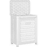 VECELO Rolling Laundry Hamper with Wheels and Lid, Foldable Plastic Laundry Basket with Handle, Rolling Divided Laundry Cart for Small Spaces, Laundry, Bathroom, Bedroom, White