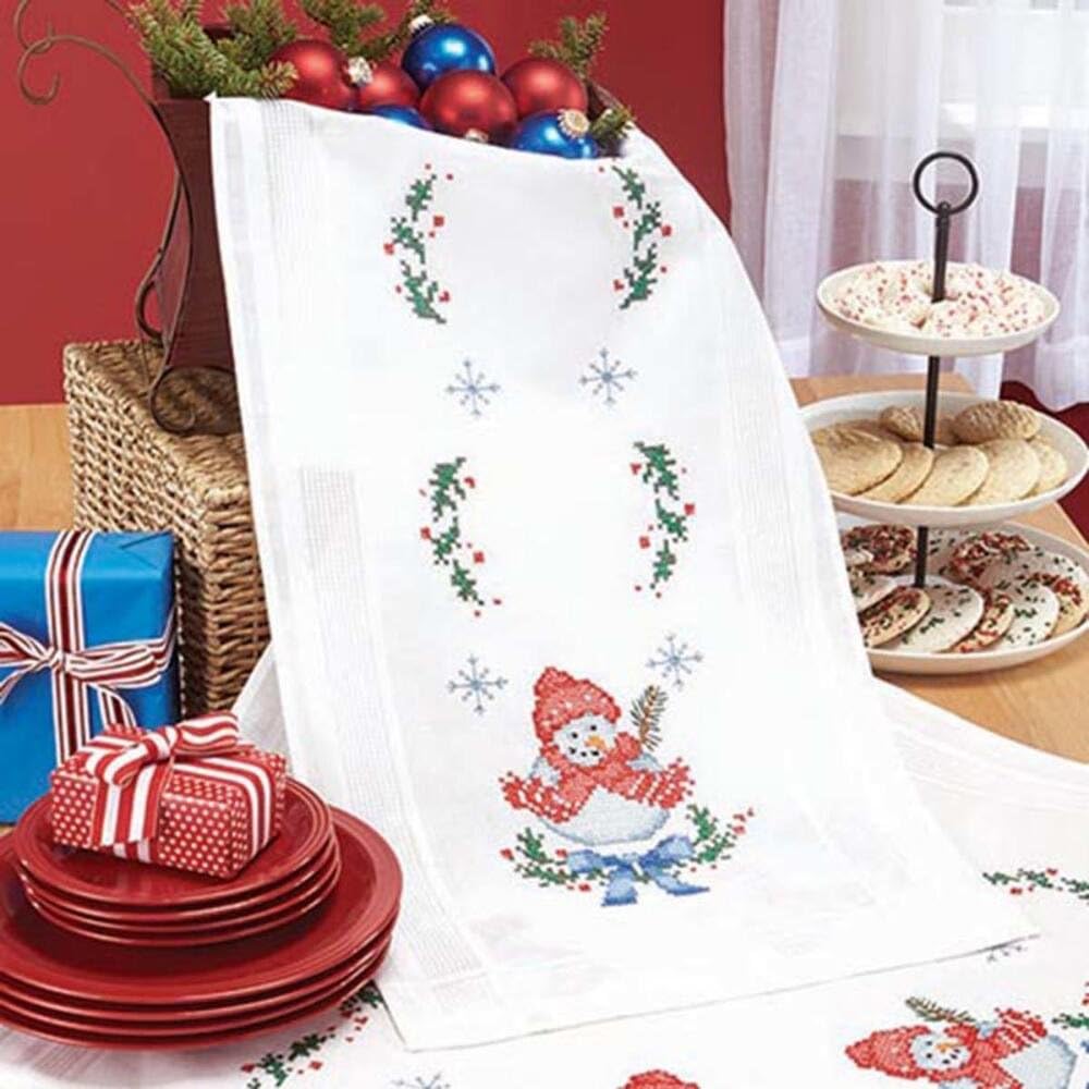 Heaven and Earth Designs Village Linens Happy Snowman Table Runner Stamped Cross-Stitch Kit