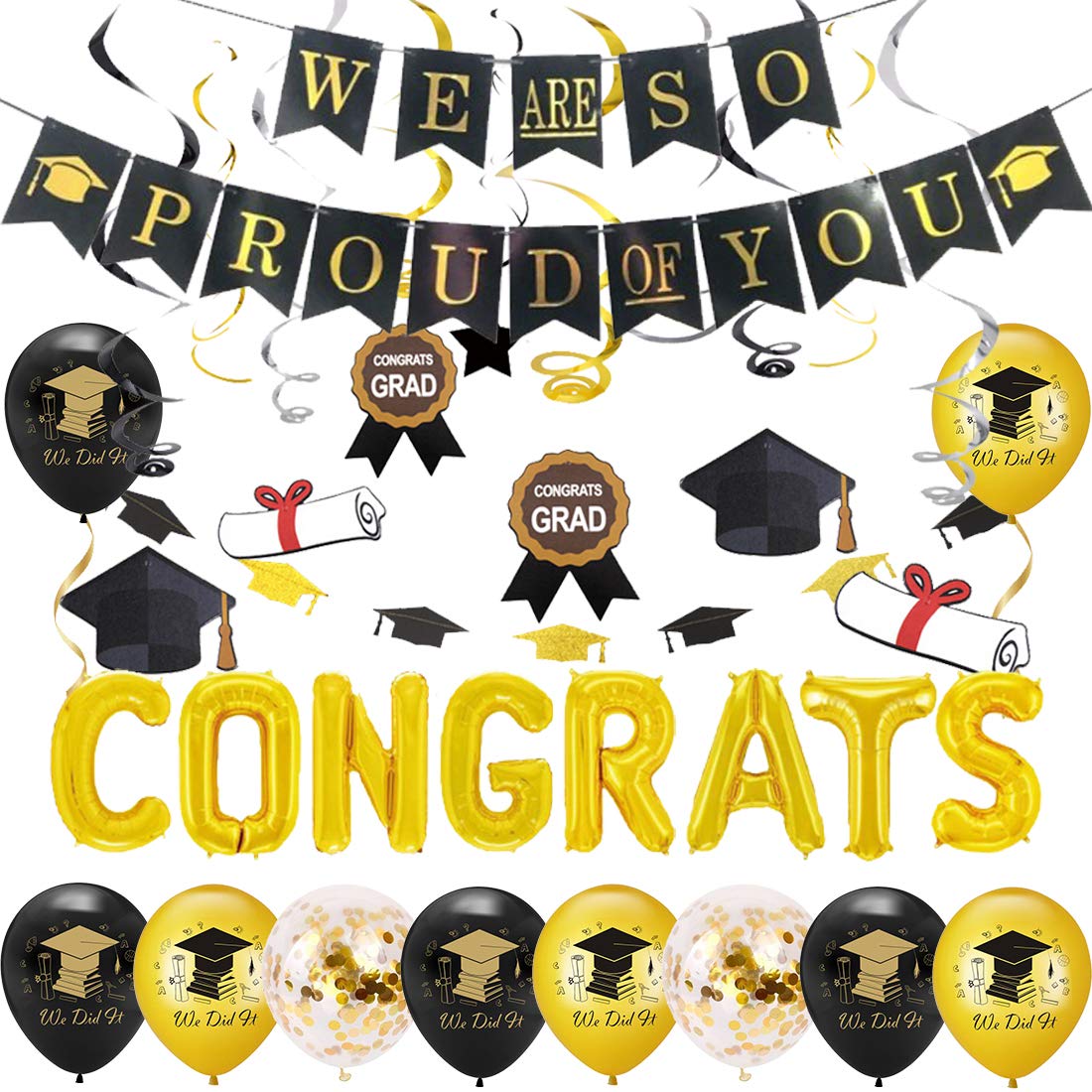 Kreatwow Graduation Party Decorations 2026 Black and Gold Graduation Congrats Balloons We Are So Proud of You Banner Graduate Cap Garland Hanging Swirls Confetti Congratulations Balloons Grad Party