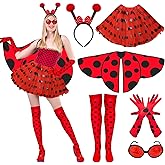 6 Pcs Christmas Ladybug Costume Women Include Red Black Polka Dots Ladybug Skirt Cloak Stockings Gloves Glasses Ladybugs Antenna Headband for Woman Halloween Costume Party Role Play Costumes