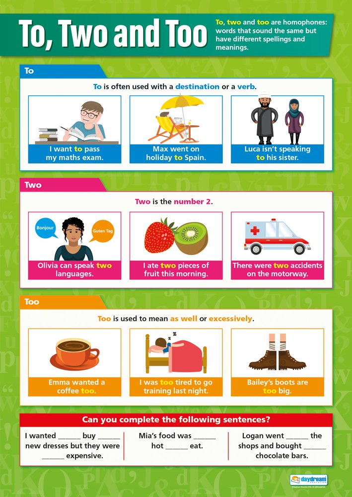 To, Two and Too | English Posters | Laminated Gloss Paper measuring 850mm x 594mm (A1) | Language Classroom Posters | Education Charts by Daydream Education