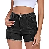 Aotasely 2025 Women's Stretchy Cargo Denim Shorts Mid Rise Jean Shorts Raw Hem Jorts with Pockets Short Jeans 3.5" Inseam