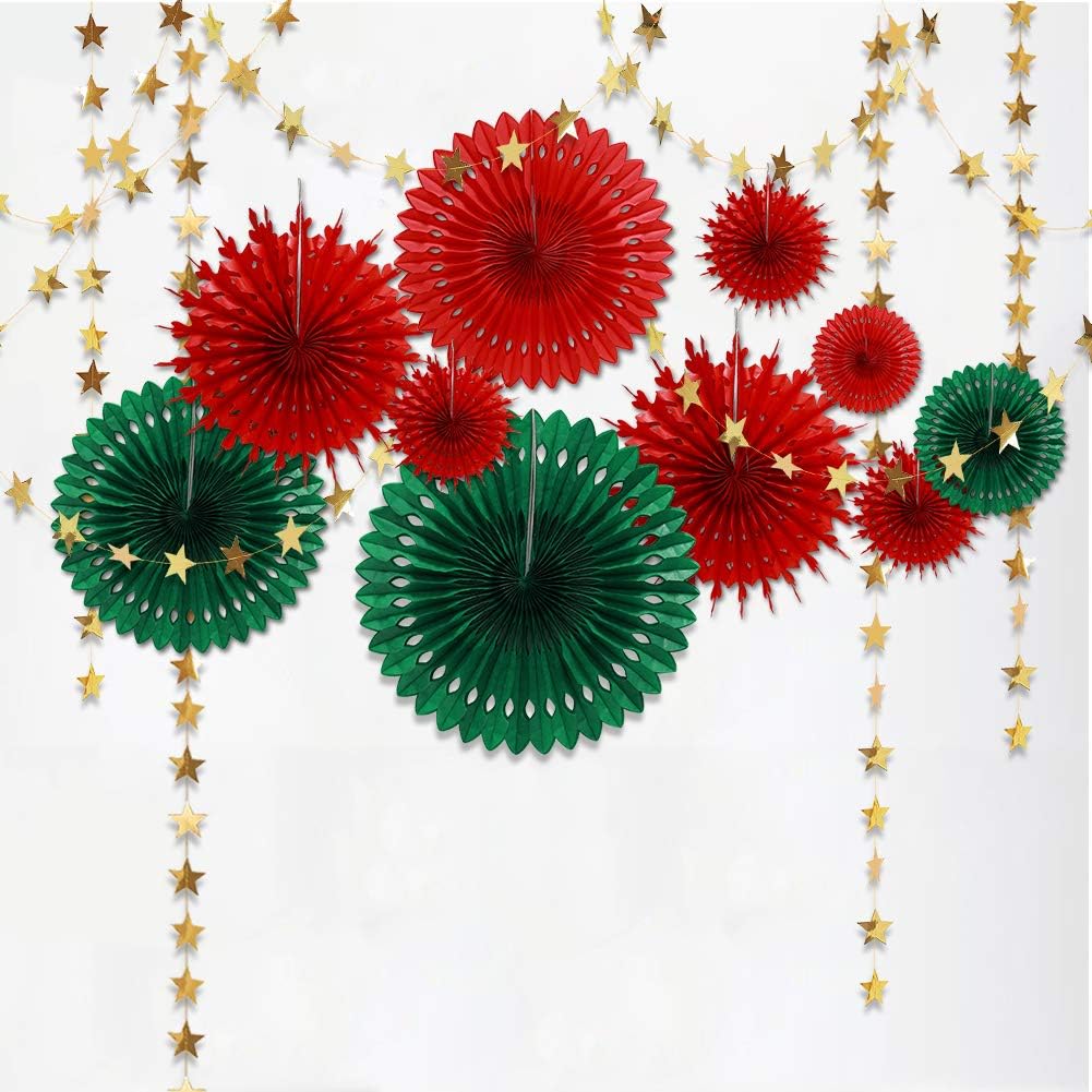 Decor365 Red Green Christmas Party Decoration Kit Hanging Decor Tissue Fan Pompom Circle Dots Garland Streamer Backdrop Background for Birthday Wedding Baby Shower