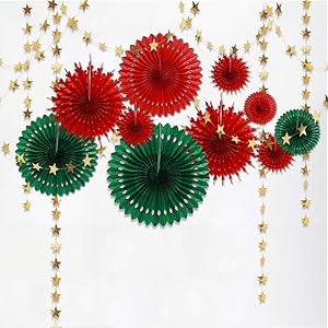 Decor365 Red Green Christmas Party Decoration Kit Hanging Decor Tissue Fan Pompom Circle Dots Garland Streamer Backdrop Background for Birthday Wedding Baby Shower