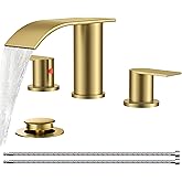 FORIOUS Upgrade Brushed Gold Bathroom Faucets 3 Hole, 8 Inch Widespread Waterfall Bathroom Sink Faucet Two Handle with CUPC Hose and Metal Pop-up Drain for Lavatory, Farmhouse, Rv Remodel
