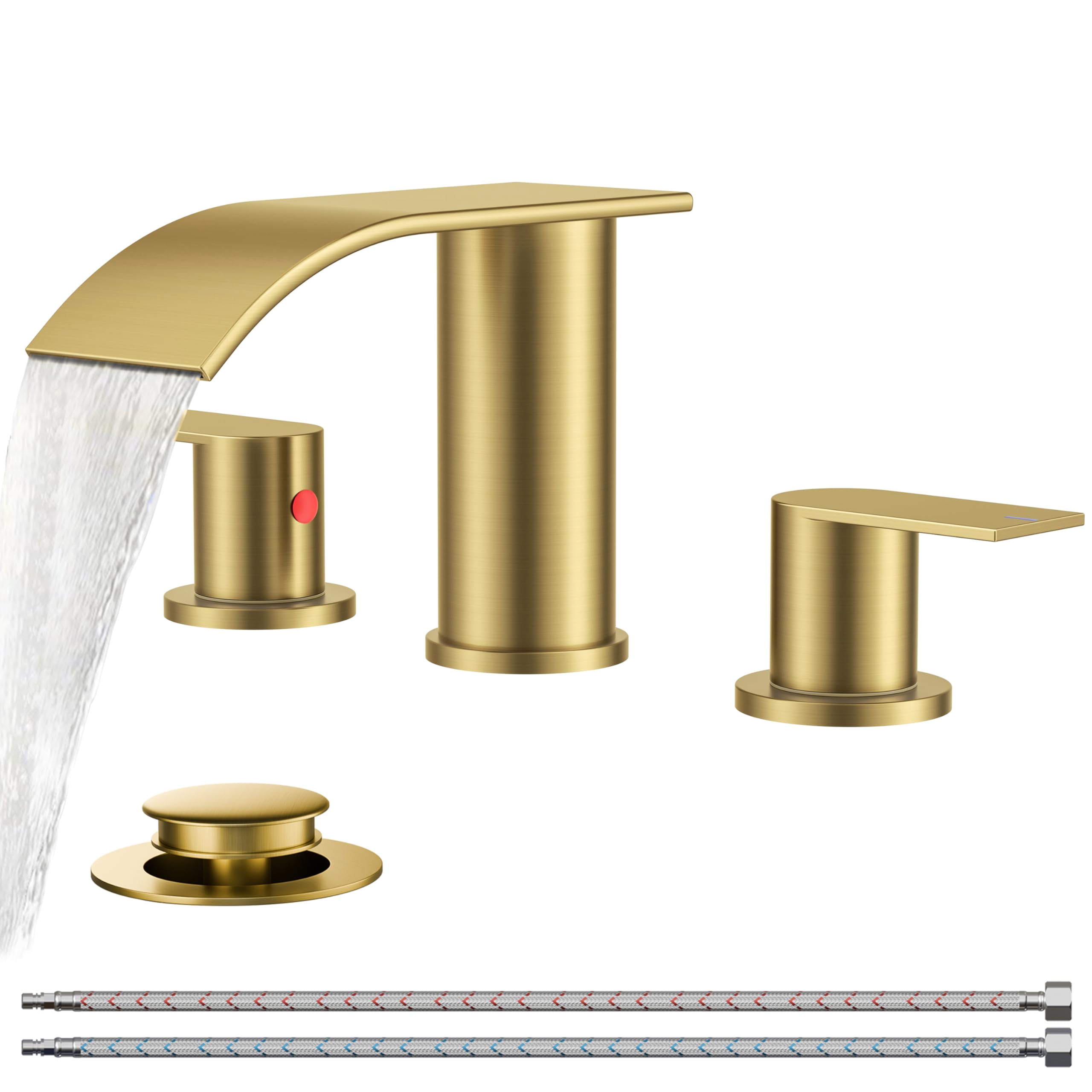 FORIOUS Upgrade Brushed Gold Bathroom Faucets 3 Hole, 8 Inch Widespread Waterfall Bathroom Sink Faucet Two Handle with CUPC Hose and Metal Pop-up Drain for Lavatory, Farmhouse, Rv Remodel Image