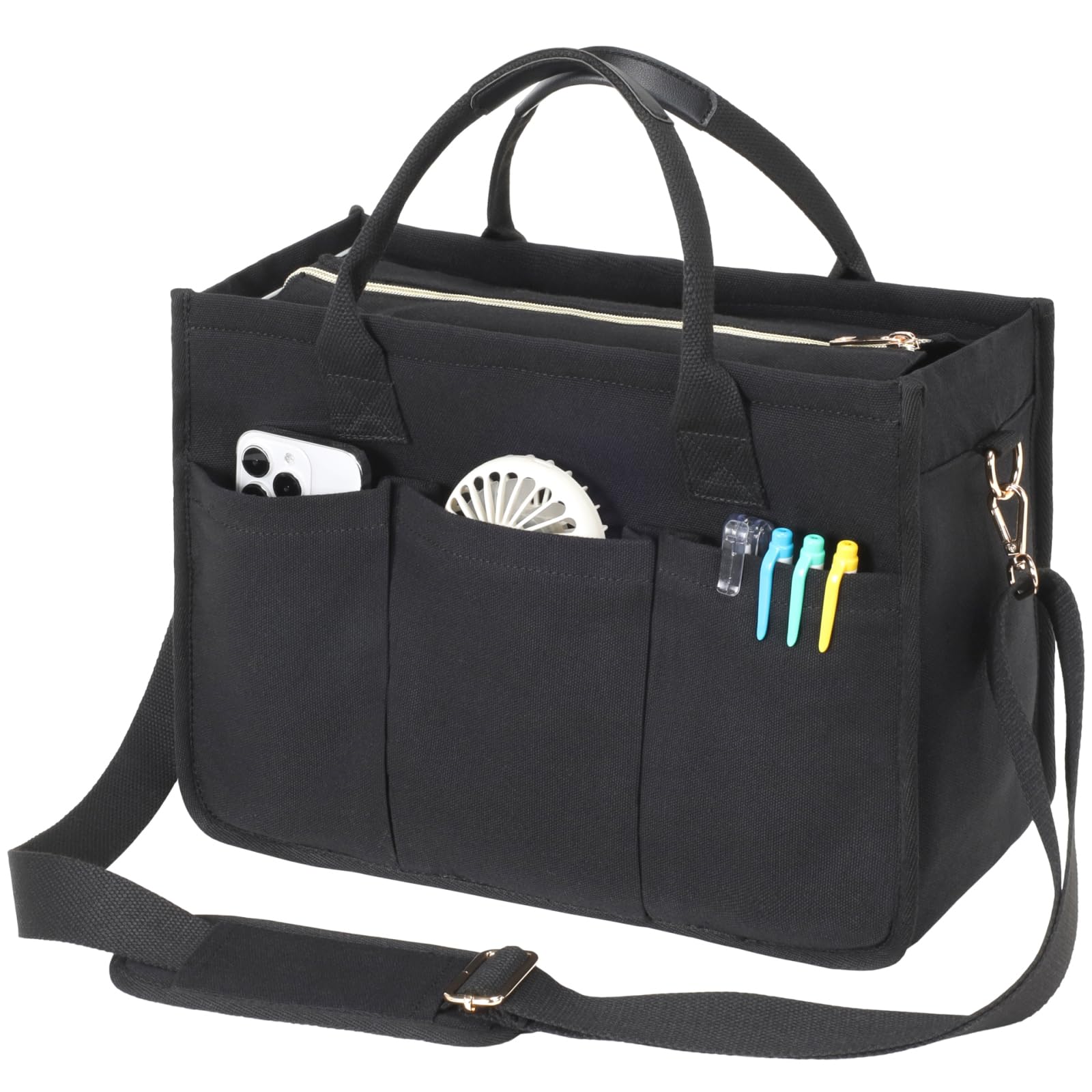 Photo 1 of F-color College Tote Bag for School - Large Canvas Nurse Bag with Zipper, Pockets and Compartment, Crossbody Shoulder Clinical Bags for Women Nursing Students Work, Black