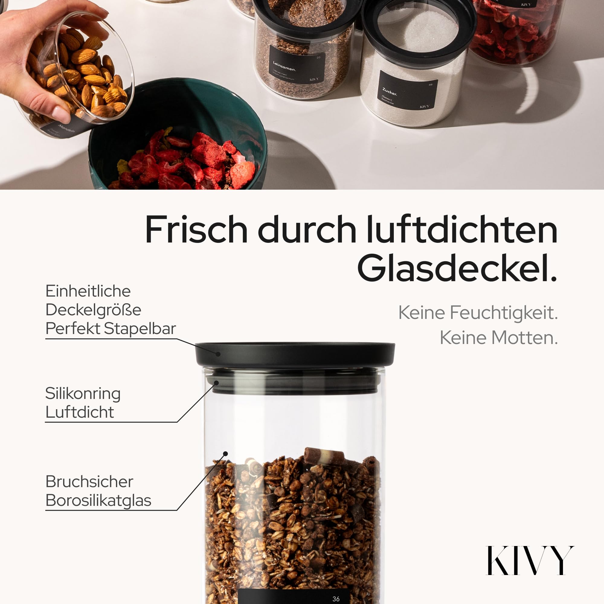 KIVY Vorratsgläser mit transparenten Glasdeckel [3x 1200ml] Luftdichte & Stapelbare Vorratsgläser mit Deckel Luftdicht - Vorratsdosen Glas mit Deckel - Vorratsglas mit Deckel - Aufbewahrungsgläser 6