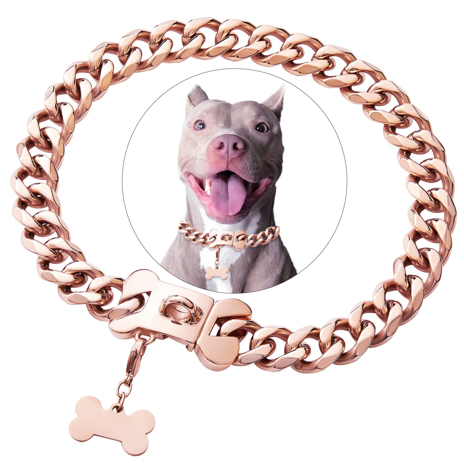 Photo 1 of Rose Gold Stainless Steel Cuban Link Heavy Duty Dog Collar for Small Medium Large Dogs, American Bully French Bulldog Luxury Dog Collar with Safety