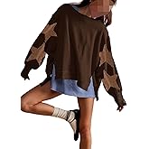 Yojeasrio Womens Oversized Crewneck Sweatshirt Y2k Striped Star Long Sleeve Side Slit Pullover Sweatshirt Teen Girl Aesthetic