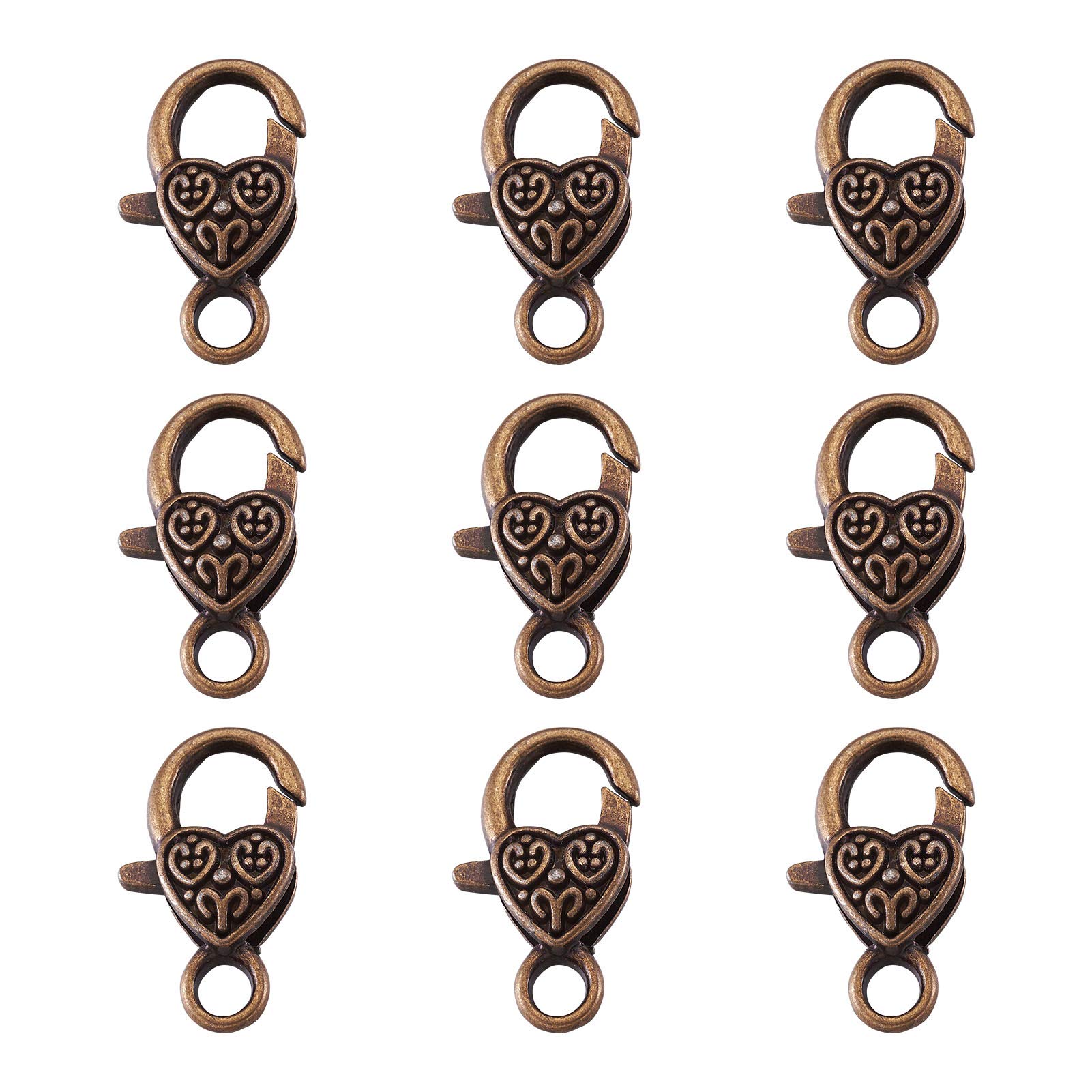 PandaHall 50pcs Heart Lobster Claw Clasps Antique Bronze 25.5x14x6mm Metal Lobster Clasps for Jewelry Making