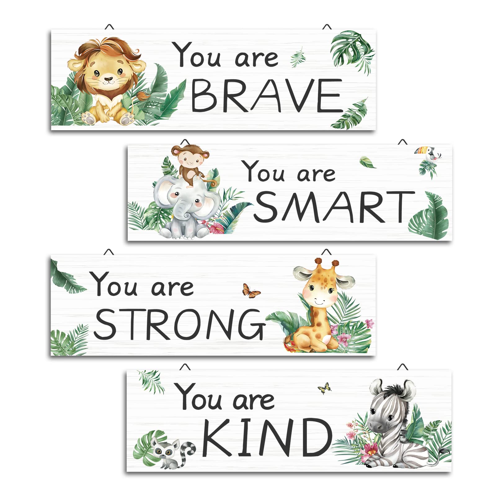 decalmile 4 Pieces Jungle Animal Wooden Hanging Signs Safari Wood Wall Decor Baby Nursery Kids Bedroom Daycare Wall Art Decor