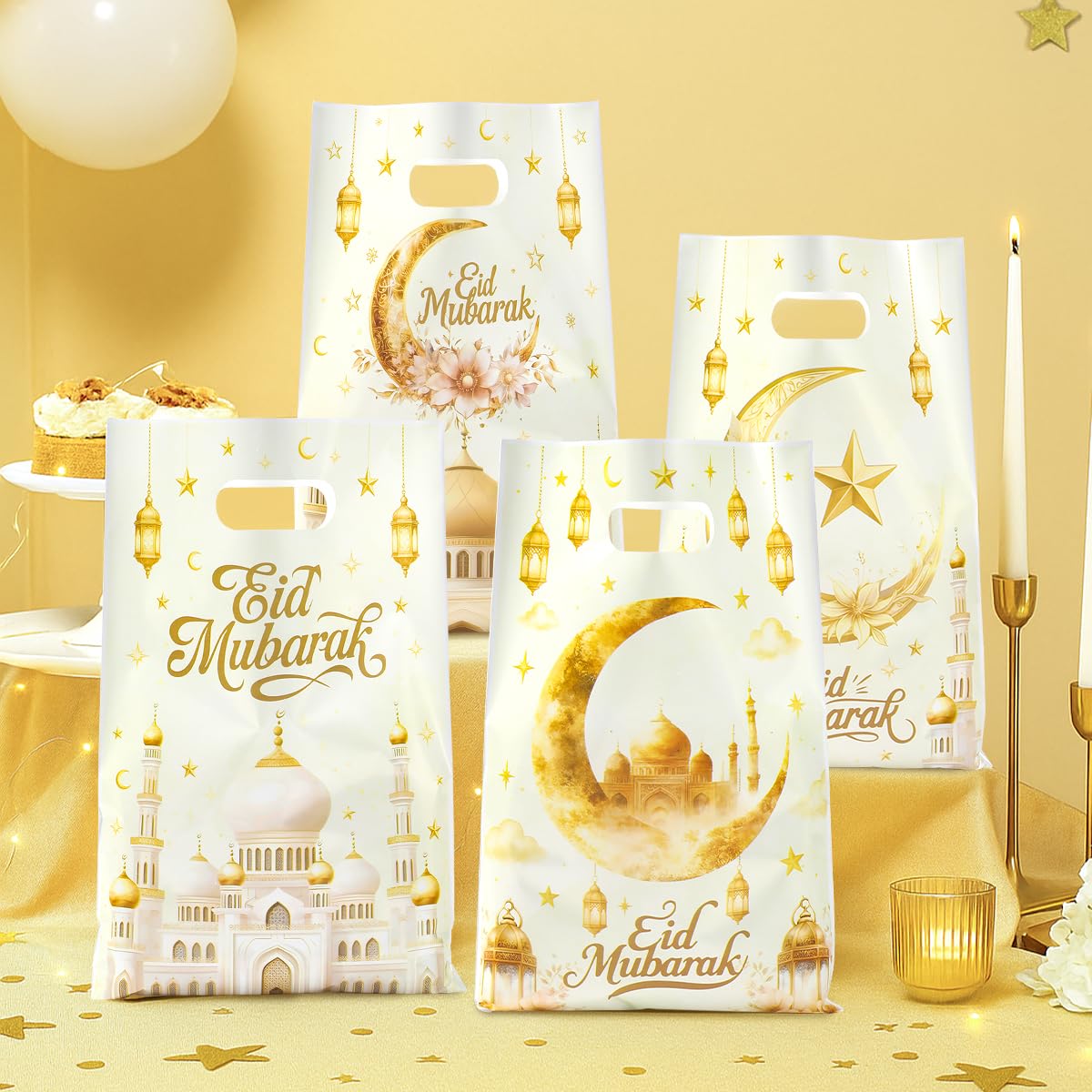 Photo 1 of 25 Pcs Eid Mubarak Gift Bags, Gold Moon Castle Star Print Ramadan Theme White Mixed Plastic Goodie Candy Bags with Handle, Snack Pouch for Muslim Islamic Party Favor Kids Gifts Decorations