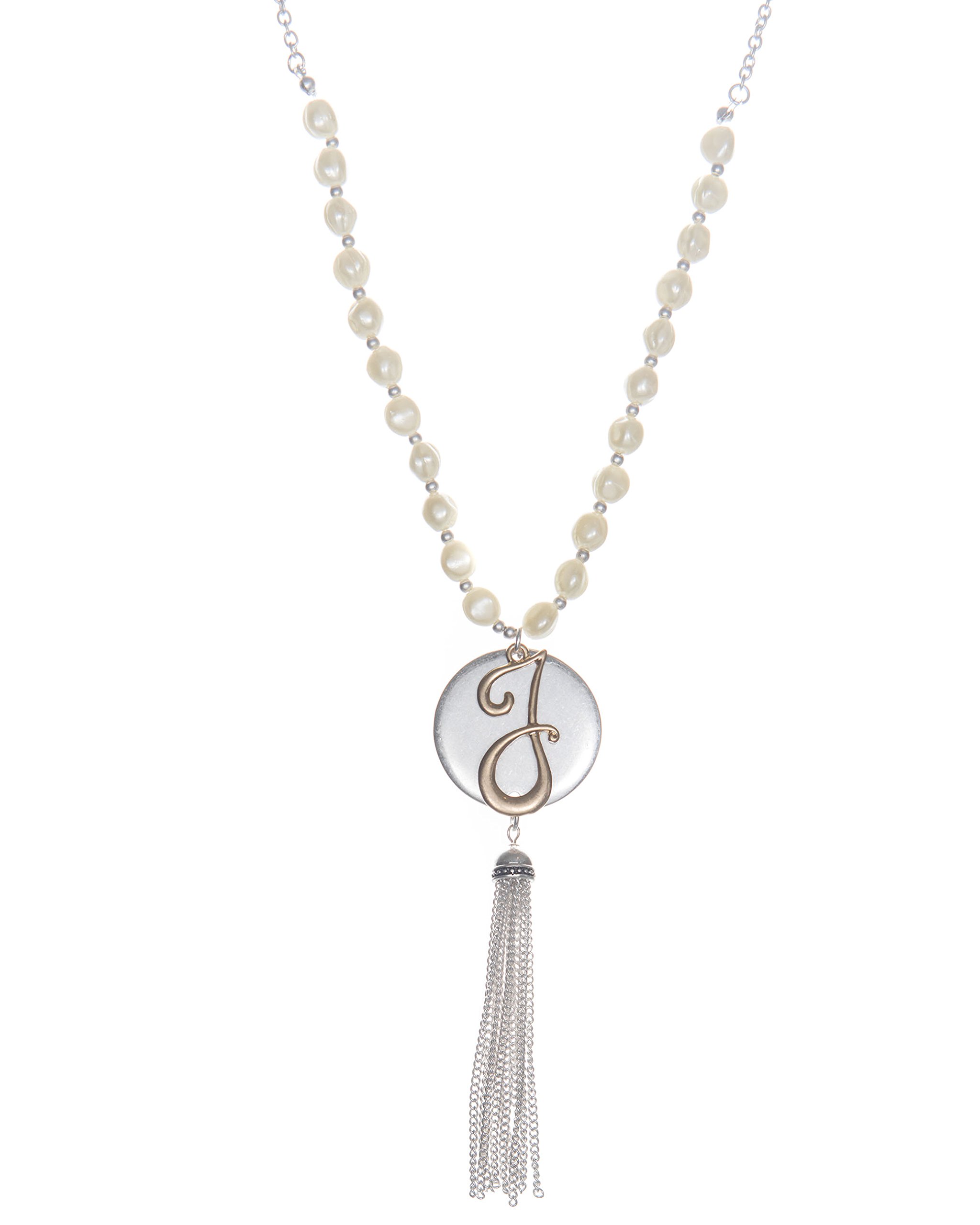 Jewelry Nexus Monogram Two-Tone Medallion Necklace with Imitation Pearls & Dangling Tassle