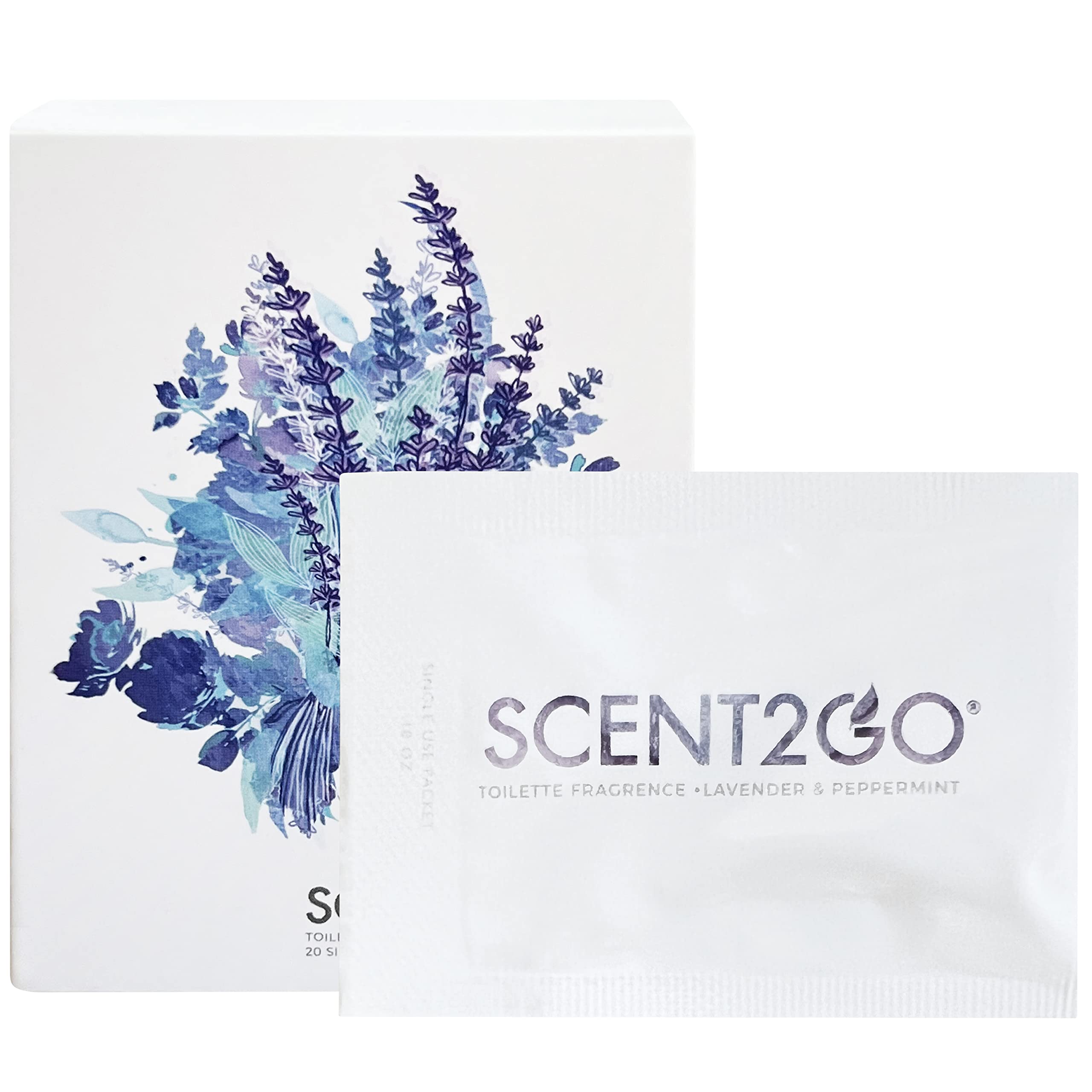 Scent2Go Toilet Fragrance Powder - Discreet Travel Size Packet - Leak Lock Design - Plant Based Formula - Lavender + Peppermint - 20 Single Use Packets