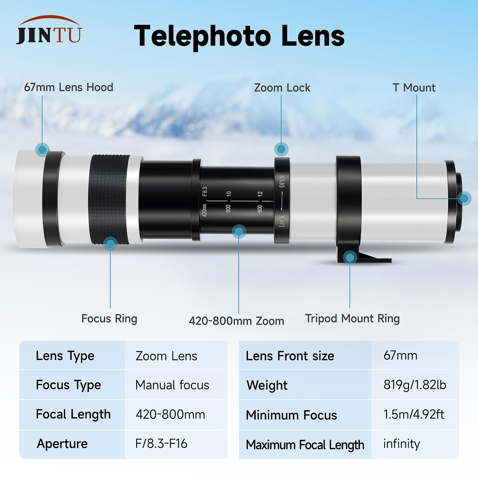 Telephoto Lens for Canon -JINTU EF Mount 420-800mm Manual Focus MF Zoom Lens for Canon EOS Rebel T8i/850D T7i/800D T7/2000D T6/1300D T6s/760D T6i/750D T5i/700D T5/1200D T4i/650D T3i/600D T3/1100D