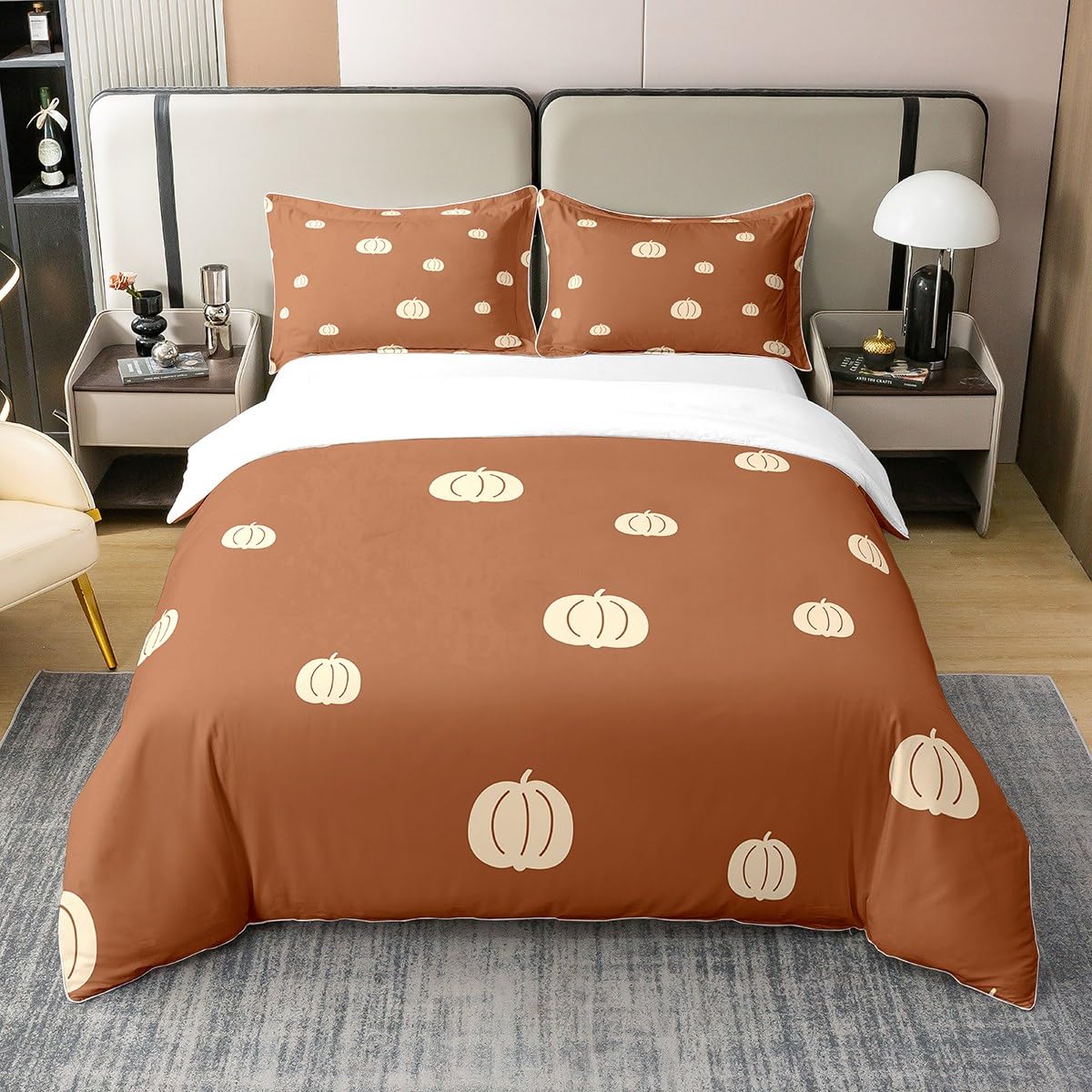 Pumpkin Decor 100% Cotton Duvet Cover,Autumn Harvest Theme Bedding Set,Thanksgiving Fall Pumpkin Print Comforter Cover Double,Cartoon Punpkins Bed Sets With 2 Pillowcases Home Room Decor