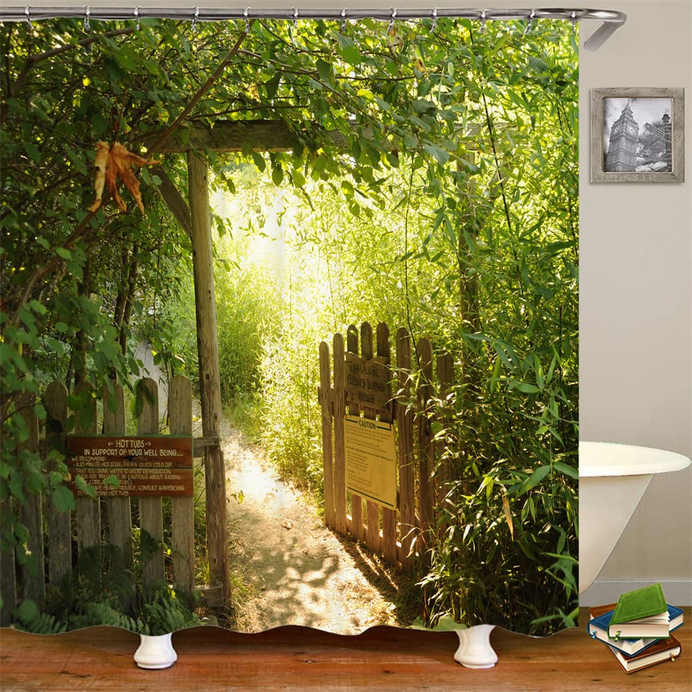 JIANGLANY Green Bamboo Forest Shower Curtain with Hooks Spring Scenery of Open Wooden Fence Walkway to Garden Bath Decor Cloth Bathroom Accessories 180x180cm (9)
