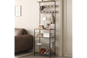 HOMEFORT Coat Rack with Shoe Storage, 5-Tier Shoe and Coat Rack with 9 Clothes Hooks, Freestanding Hall Tree Organizer for En