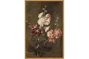 ARPEOTCY Vintage Floral Framed Wall Art, Hollyhocks Bathroom Art Decor Aesthetic, 16x24 Inch Large Canvas Art, Retro Wall Decor for Bedroom Living Room, Office Still Life Paintings Gifts
