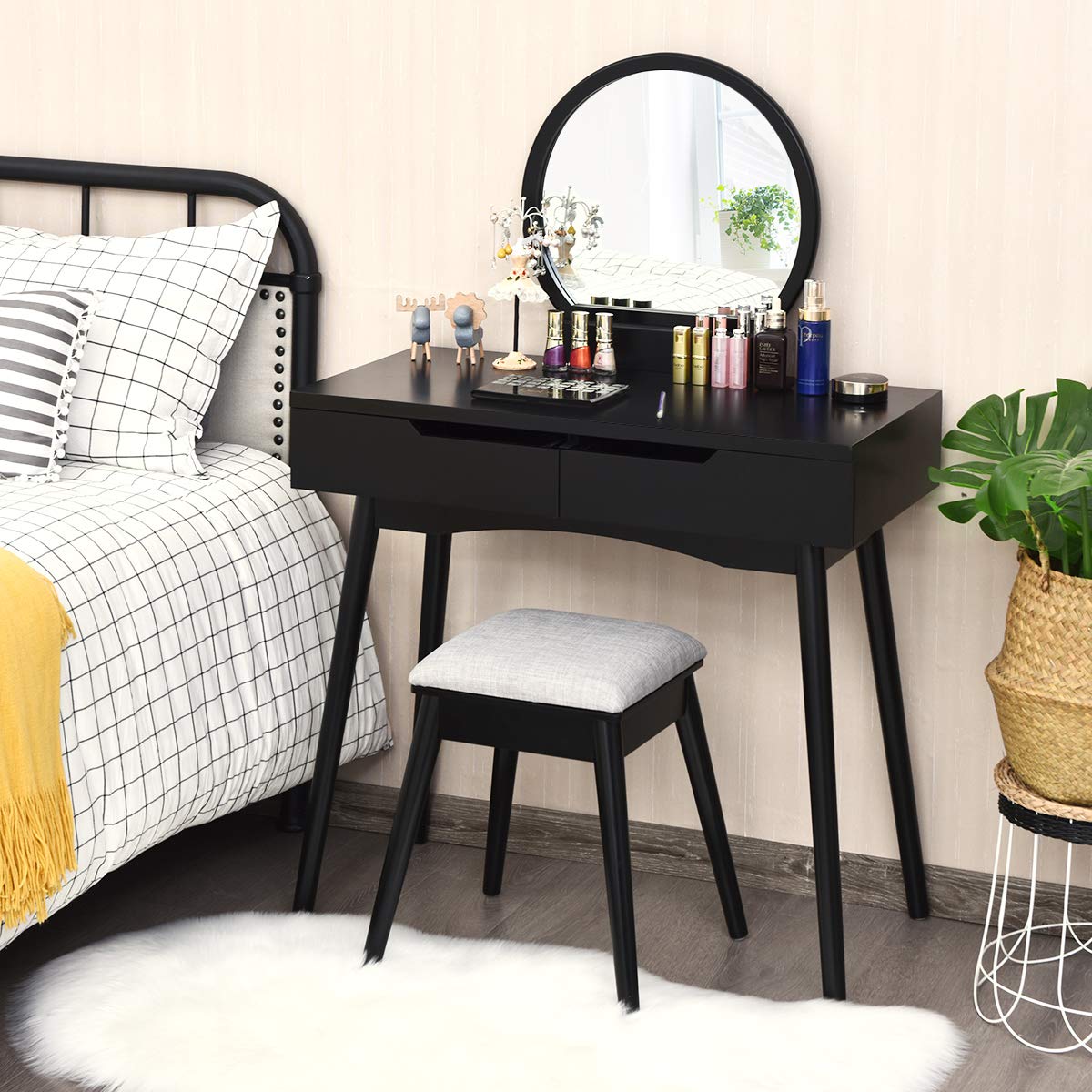 Charmaid Vanity Table Set With Large Round Mirror And 2 Sliding Drawers Makeup Table With Cushioned Stool And Solid Wood Legs Modern Bedroom Dressing Table Set For Women Girls Kids Black Amazon In