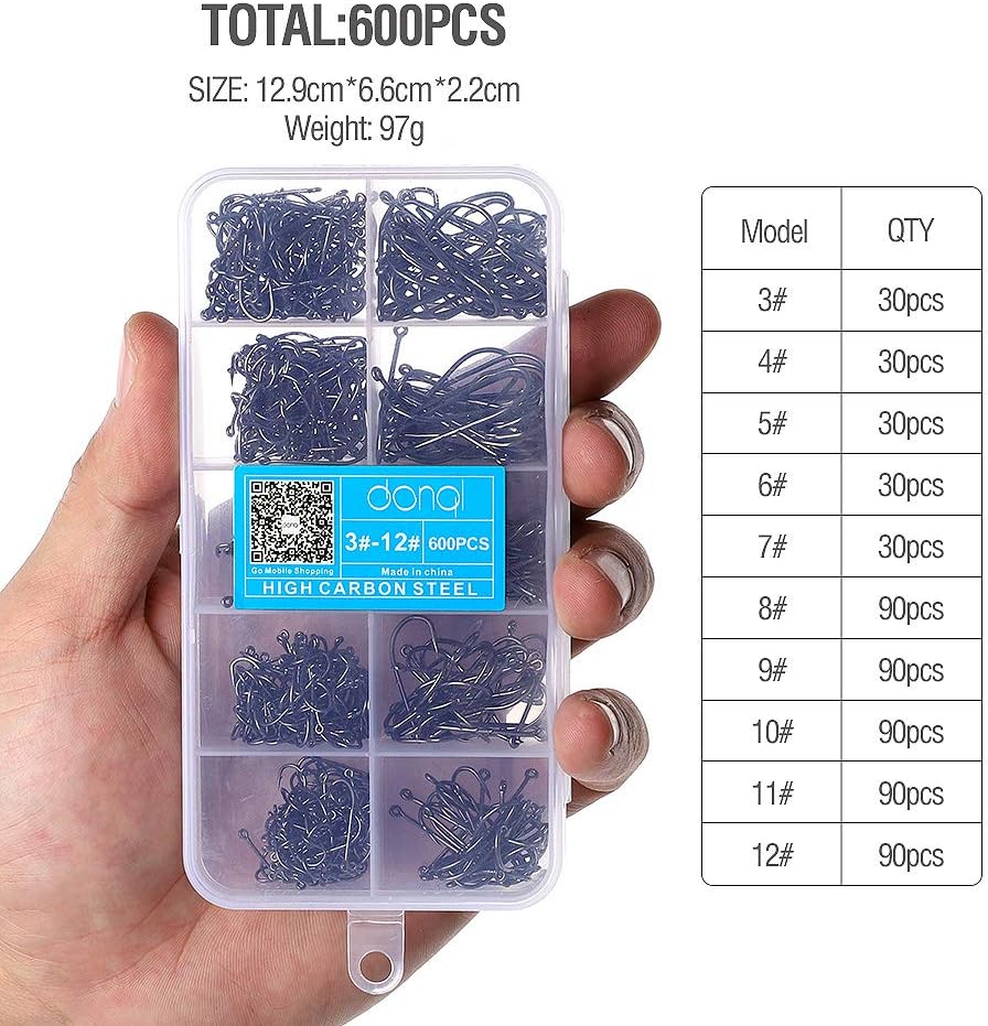 DONQL Barbed Fishing Hooks 3#-12# Carp Single Fish hook Set Fly Fishing Accessories Carbon Steel Jig Sea Hooks (600PCS)