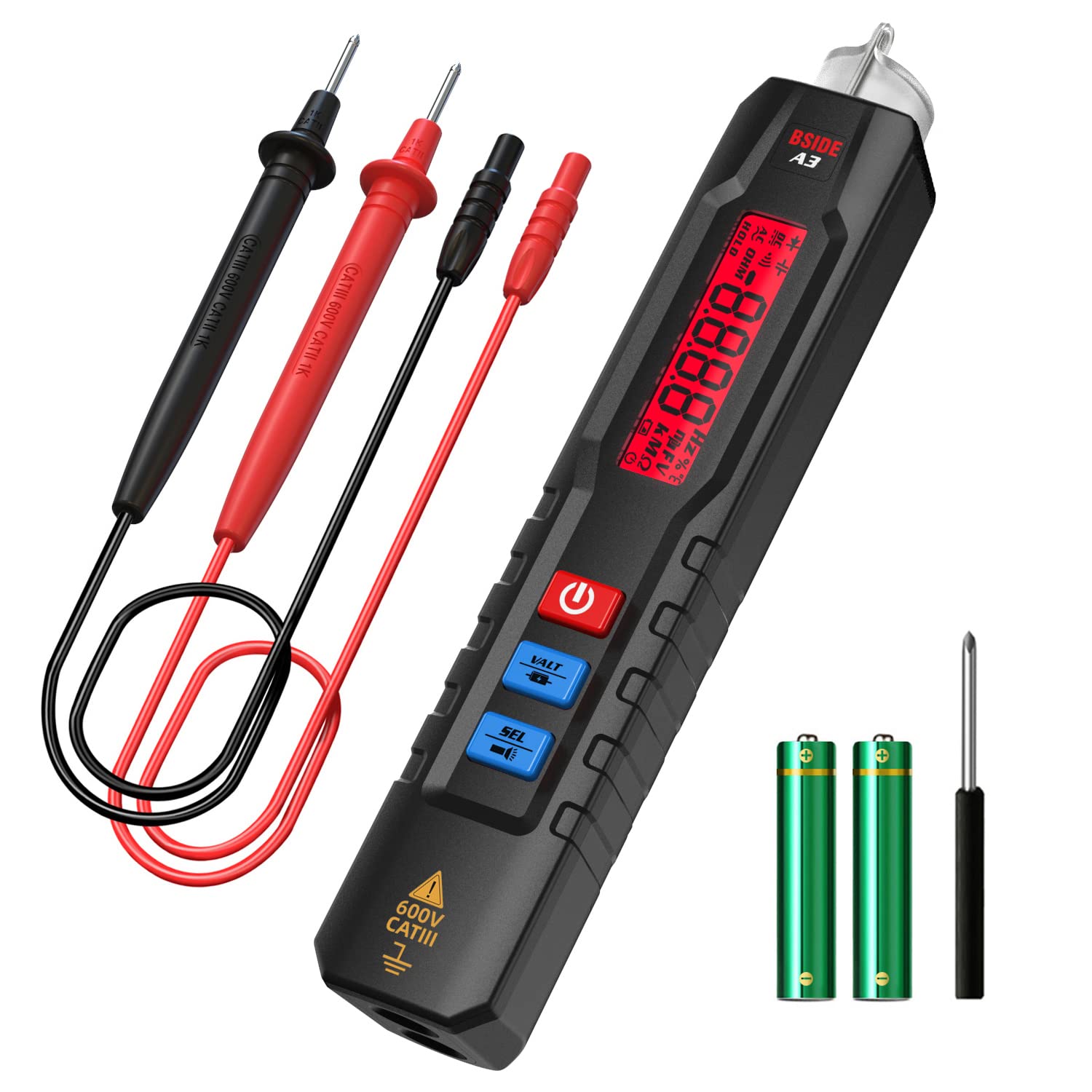 BSIDE Voltage Detector Pen Non Contact Electrical Tester Pen Multimeter 600V NCV with Adjustable Sensitivity AC DC Voltage Ohm Capacitance Continuity Diode Live Wire Tester Circuit Checker