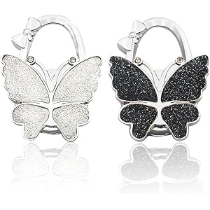 Jciopui 2Pcs Foldable Purse Table Hook Shining Butterfly Crystal Clip Bag Hanger Portable Purse Hooks for Tables