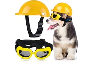 Frienda Dog Helmet and Goggles, UV Protection Doggy Sunglasses and 4 Inch Padded Puppy Motorcycle Helmet Adorable Dog Goggles with Adjustable Belt for Small Dogs Puppy Riding(Yellow,S)