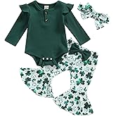 Infant Baby Girl Valentine's Day Outfits Long Sleeve Romper Lace Heart Bodysuit with Red Flare Pants Set 2Pcs