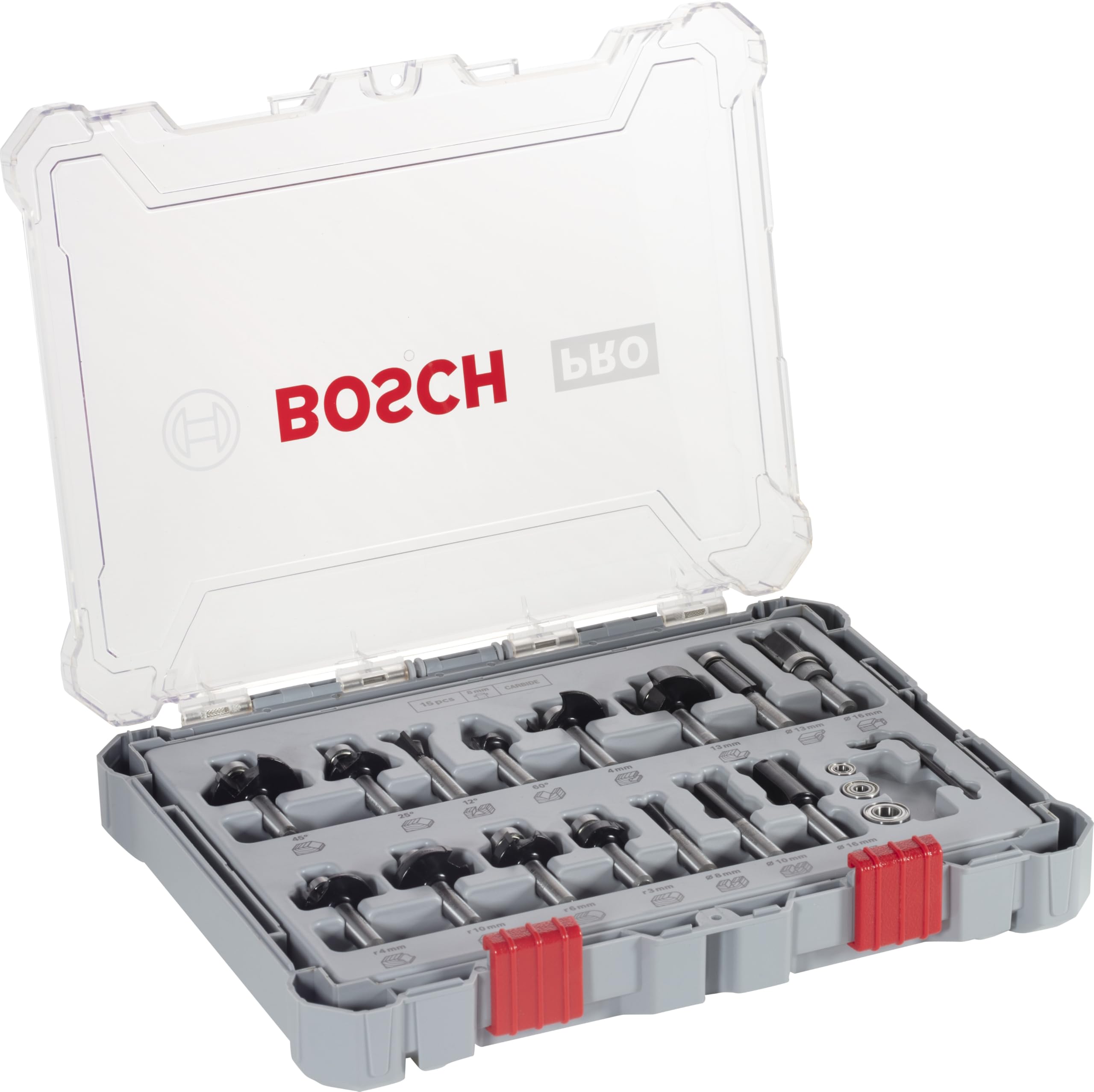 Bosch 15x PRO Fräser-Set gemischt (für Weichholz, Hartholz, Ø 13/16/13/35/25/16/32/32/27/29/19/25/8/10/16 mm, Professional Zubehör Handfräse, Kantenfräse)