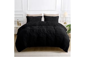 Sasttie Fluffy Duvet Cover Queen Size, 3 Pieces Shaggy Fuzzy Queen Duvet Cover Set, Black Flannel Plush Faux Fur Duvet Cover with Zipper Closure, Corner Ties, 2 Pillowshams (90x90 Inch)