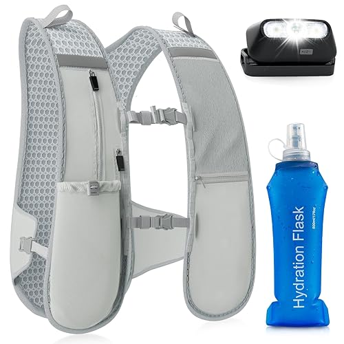 GGIE Hydration Running Vest with Headlamp & Phone Pocket – Lightweight Reflective Running Backpack with 500ml Water Bottle, Adjustable Fit for Men & Women, Grey