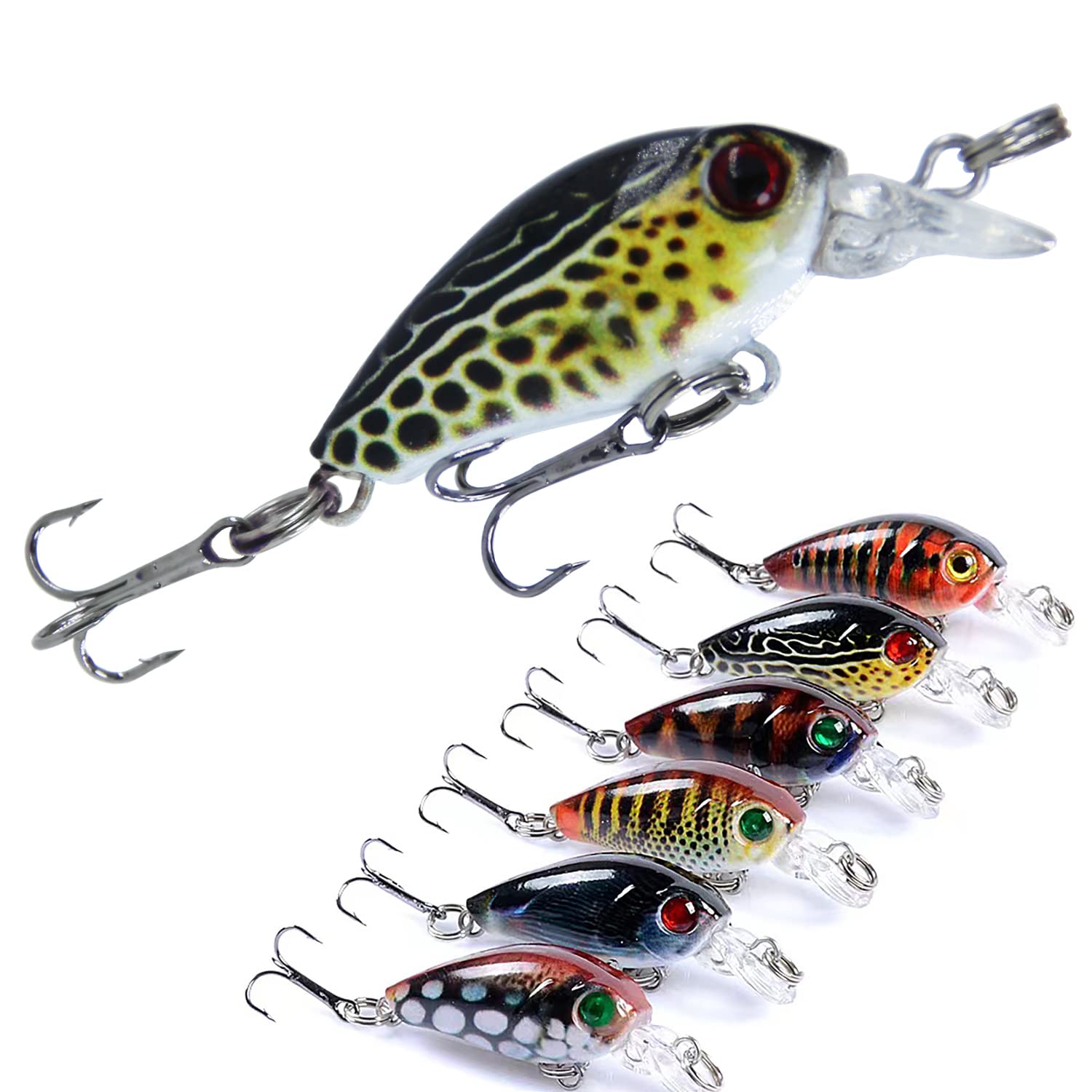 Crankbaits Fishing Lures 6 Pcs - Floating Hard Baits With Treble Hooks, 3D Lifelike Eyes and Tackle Box for Sea, Lake, Pike, Perch, Trout