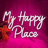 My Happy Place Neon Sign, Dimmable Pink LED Neon Light for Wall Decor, USB Powered My Happy Place Signs, Words Neon Lights for Girls Bedroom Birthday Party Wedding Christmas Halloween Aesthetic